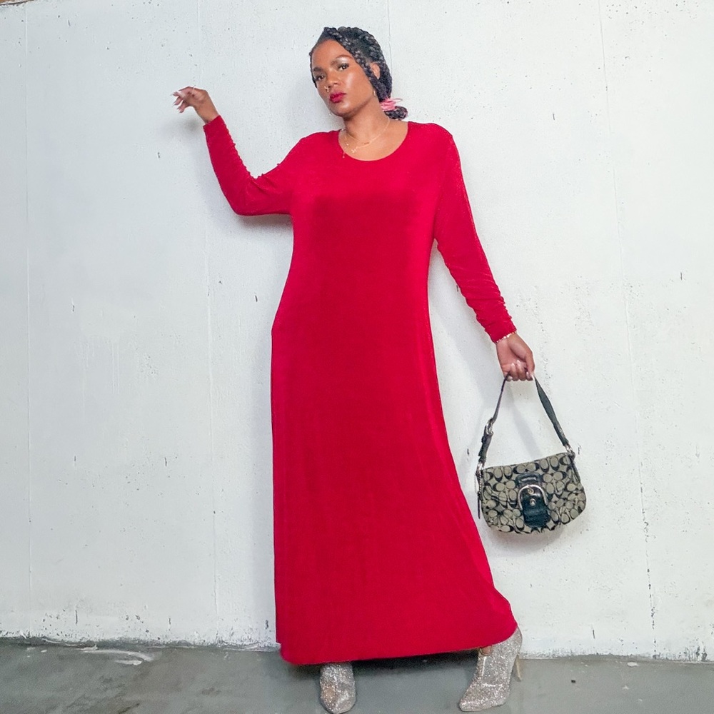 Vintage Nylon Maxi Red Long Sleeve Dress, Fits L-XL